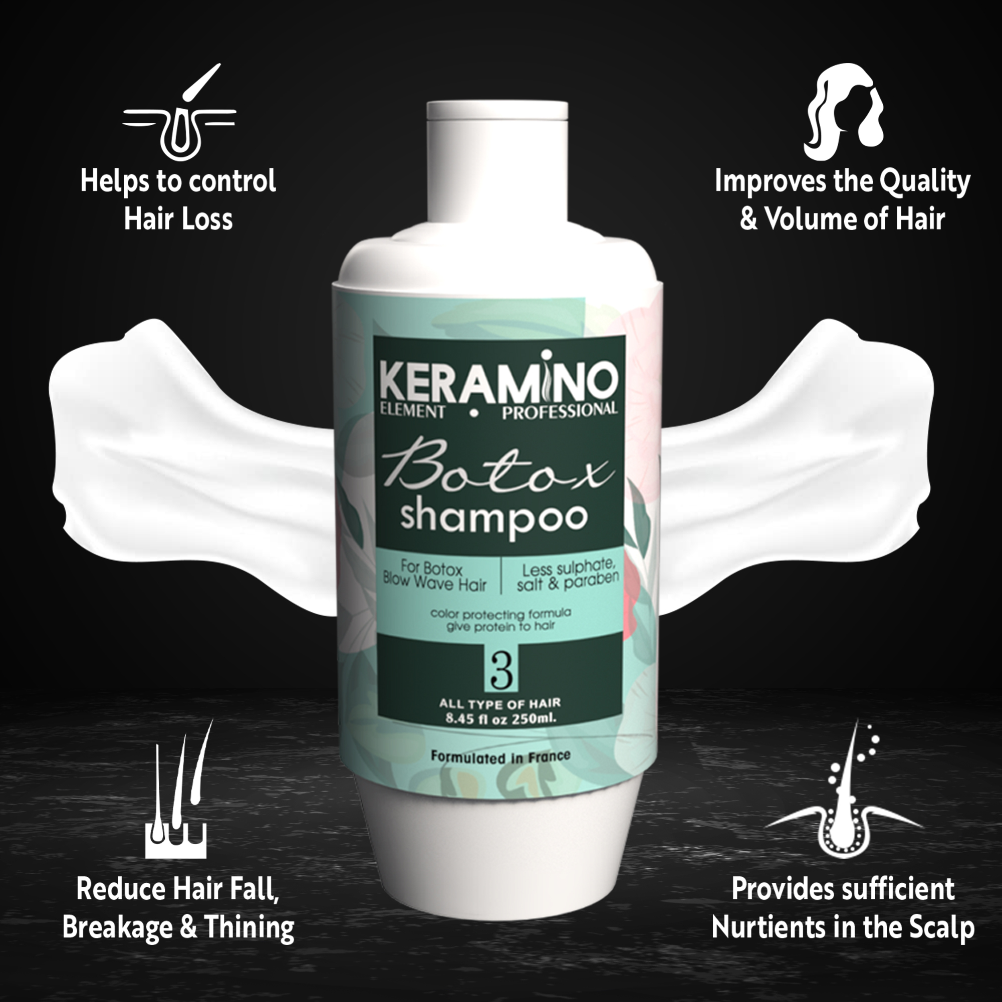 KERAMINO Element Professional BOTOX Shampoo 250ml | Deep Repair & Strengthening Formula | Sulfate-Free Cleanser for Damaged, Dry, Colored & Chemically Treated Hair | Salon Quality - Image 4