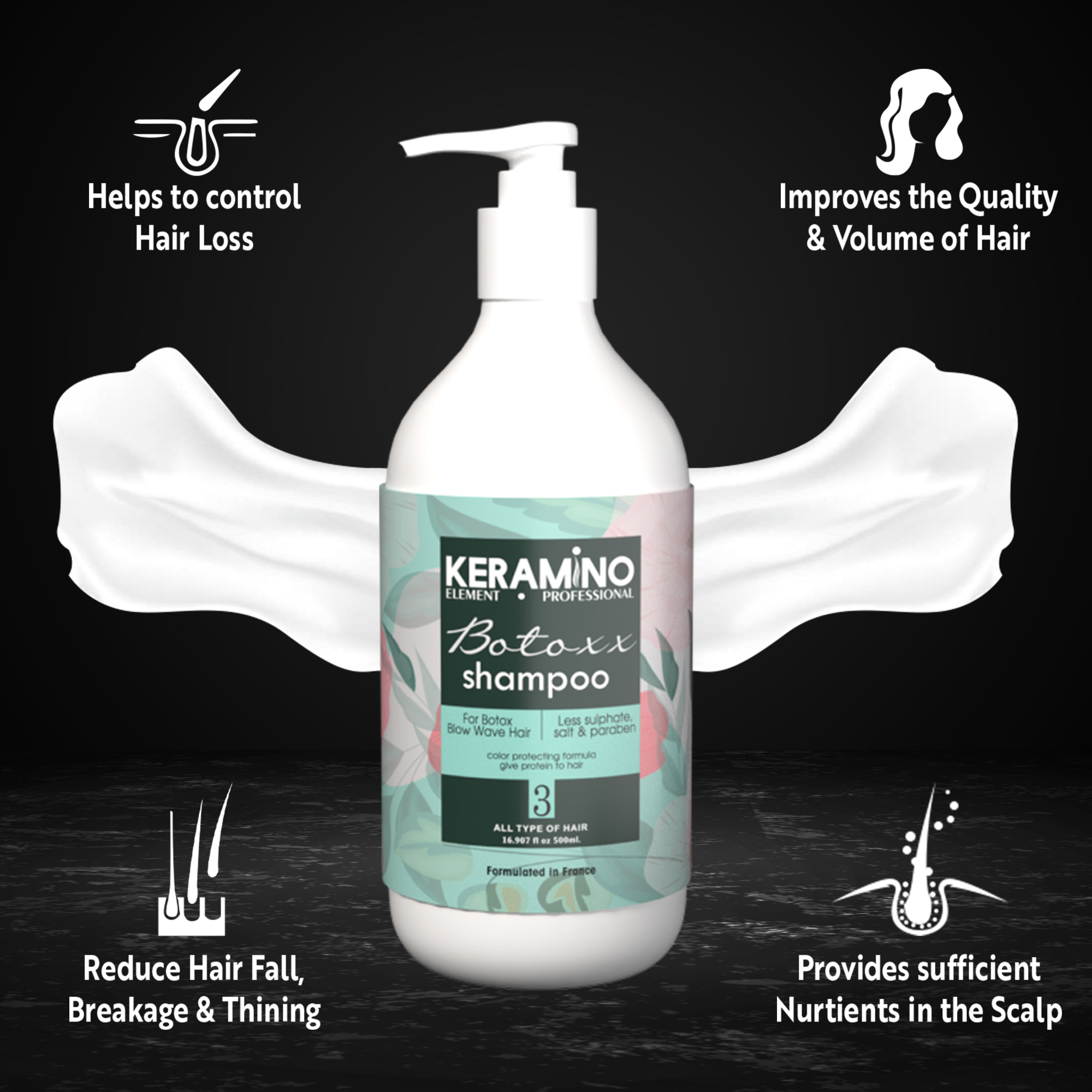KERAMINO Element Professional BOTOX Shampoo 500ml | Deep Repair & Strengthening Formula | Sulfate-Free Cleanser for Damaged, Dry, Colored & Chemically Treated Hair | Salon Quality Care - Image 4